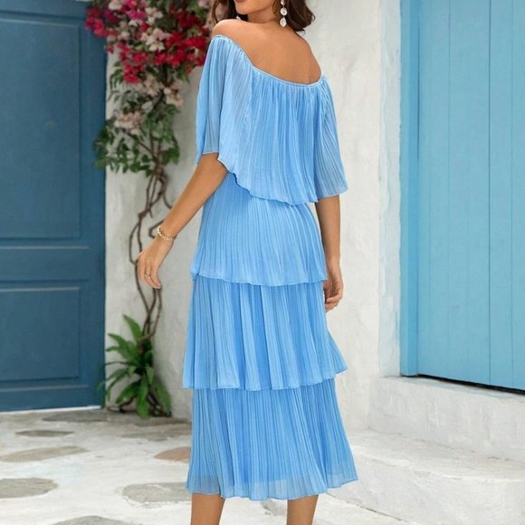 Blue Boho Womens Off Shoulder Ruffle Layered Hem Dress - Picture 3 of 3